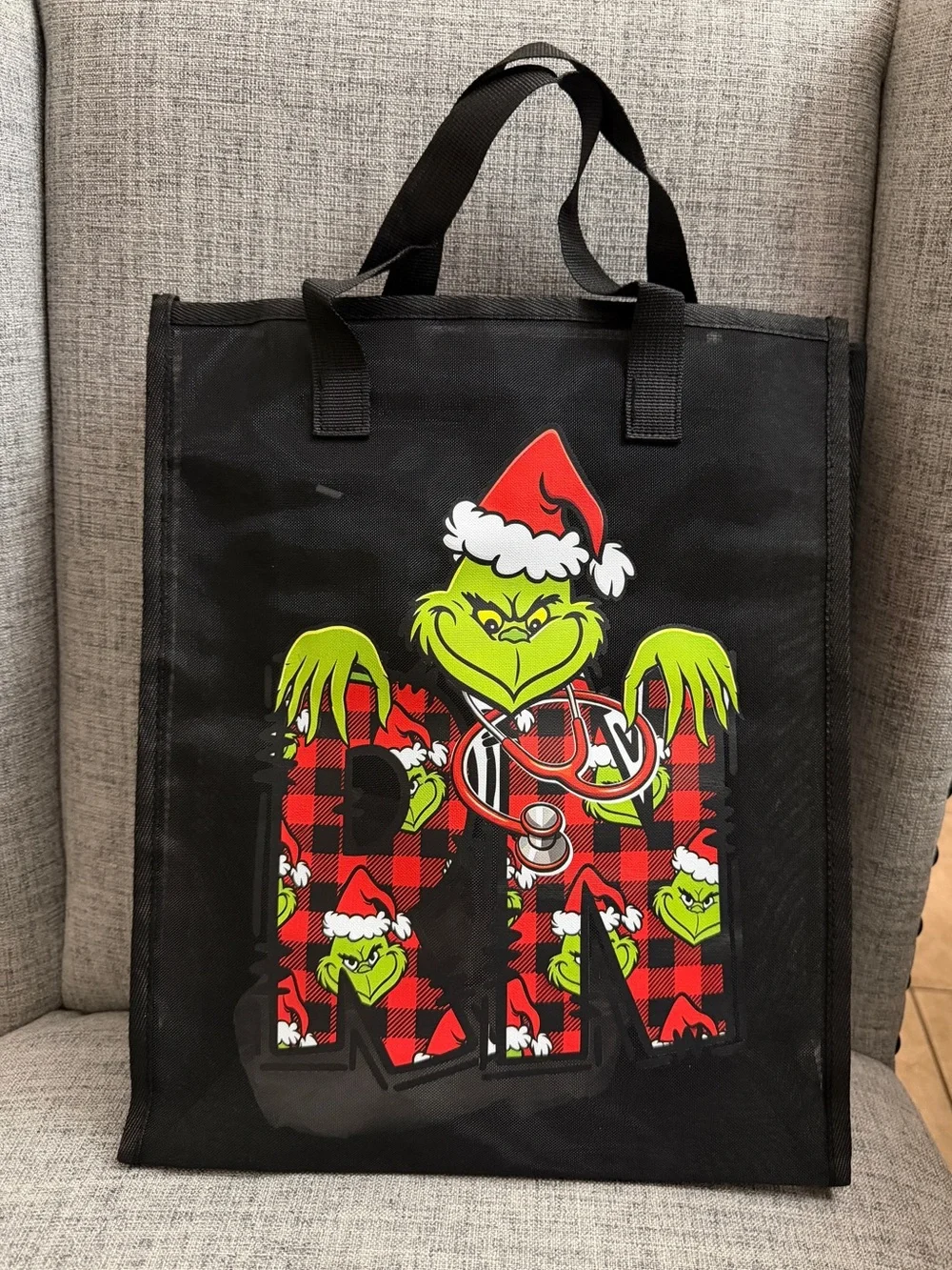 Black Grinch Print Tote Mesh Bag